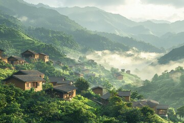 A breathtaking view of a misty mountain village nestled amidst lush green hillsides, evoking tranquility and serenity in a natural landscape setting.