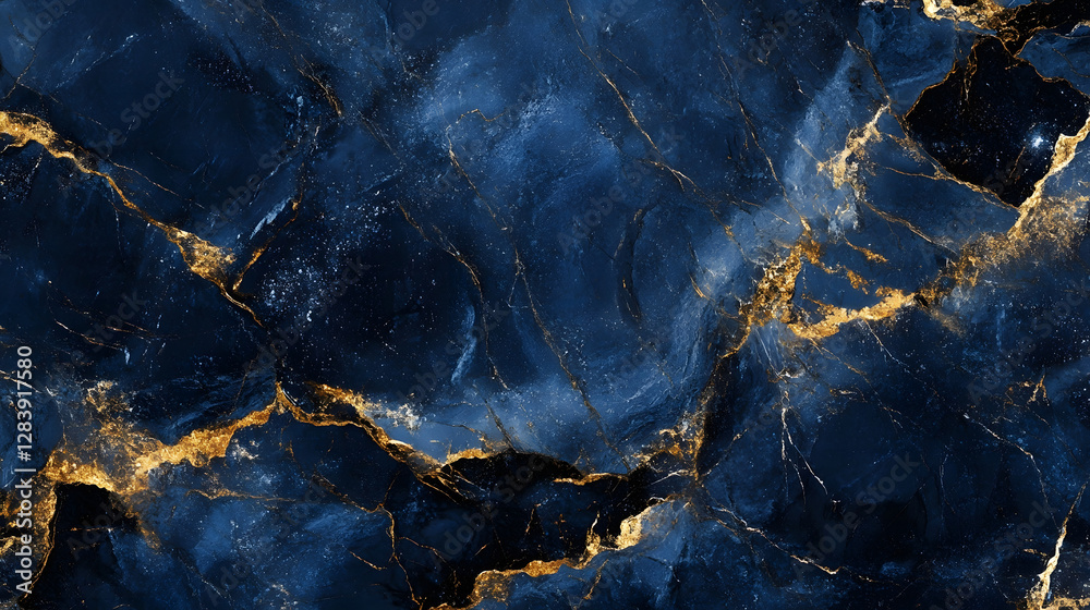 Poster luxurious abstract background with a striking pattern of dark blue marble featuring shimmering golde