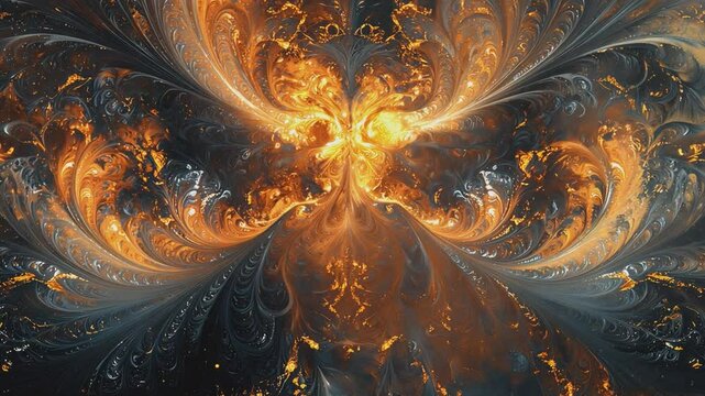 Celestial Blaze: An abstract representation of a celestial firestorm, with intricate fractal patterns forming a radiant, glowing display of energy and light, set against a dark, contrasting backdrop.