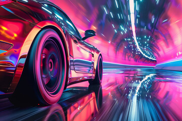 Sports car driving through a tunnel with bright lights