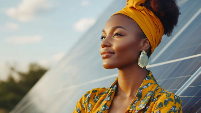 Young african american woman engineer is inspecting a solar panel farm at sunset, wearing traditional headscarf