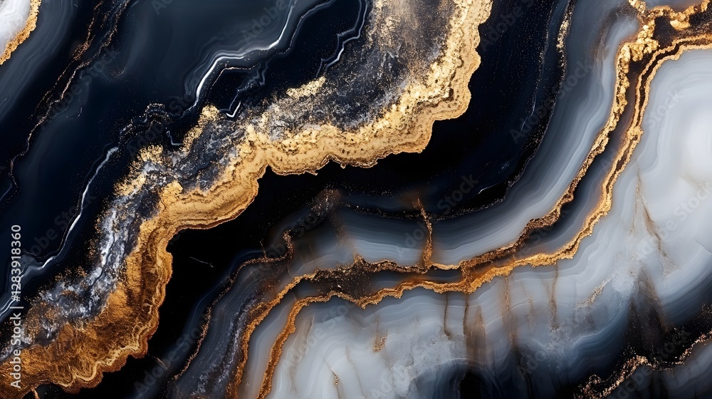 Poster Luxurious abstract background with swirling patterns and textures of a geode mineral marble surface  Shiny metallic gold and grey tones create a modern design