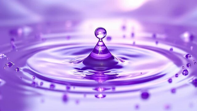 A vibrant purple water droplet creating ripples and splashes.