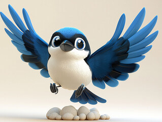 Cartoon blue bird with big eyes flying with open wings