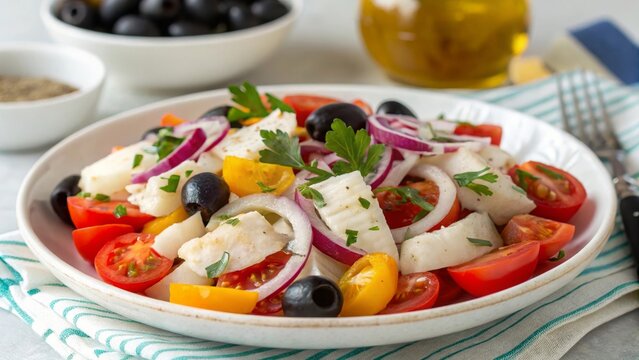 Prepare a vibrant esqueixada a catalan cod salad with tomatoes onions and black olives in a culinary delight