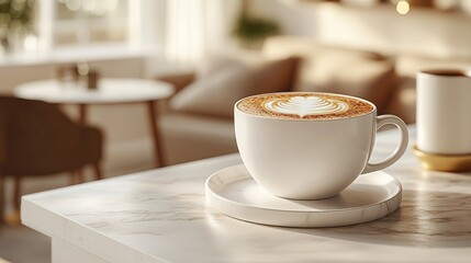 Fototapeta premium Latte art in cozy cafe, morning sunlight, living room view