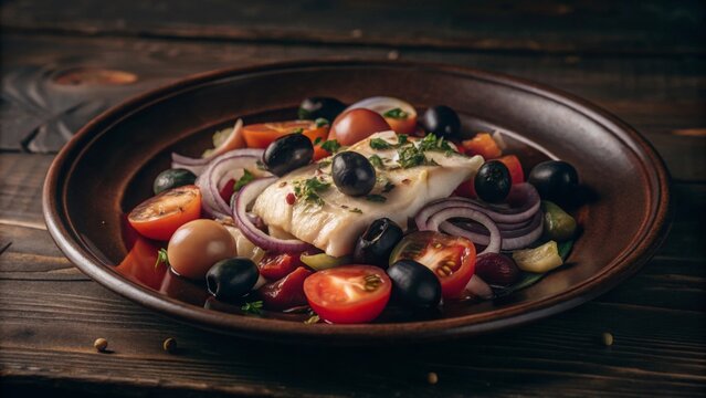 Savoring esqueixada a colorful catalan cod salad with tomatoes onions and olives in a rustic setting