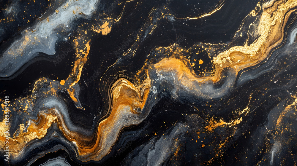 Poster Luxurious Abstract Marble Texture with Golden Fluid Swirls and Gradient Patterns  Elegant and modern digital design with dynamic color splatter effects and high end aesthetic appeal