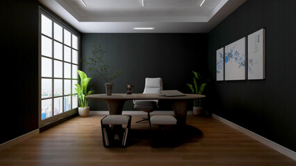 3d office minimalist room with wooden design interior