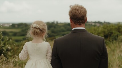 Father and daughter overlook scenic countryside, wedding day