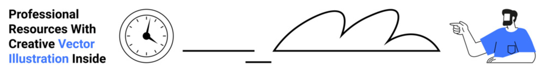 Clock, dynamic abstract shapes, and person pointing toward text emphasize efficiency, creativity, time management. Ideal for productivity, marketing, learning, innovation teamwork personal