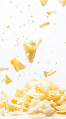 Obraz premium parmesan cheese chip breaking mid-air with golden flakes scattering, crispy cheese chips on white ceramic plate with delicate parmesan shavings, bright high-key background