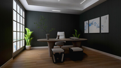 3d office minimalist room with wooden design interior
