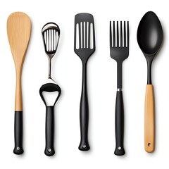 Fototapeta premium Collection of Kitchen Utensils Including Wooden Spoon, Slotted Spoon, Spatula, Serving Fork, and Ladle