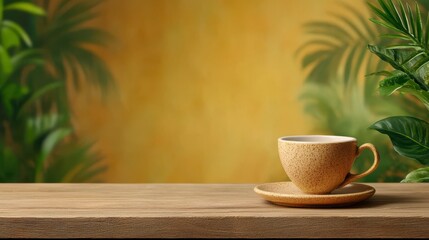 Cozy Coffee Cup on Wooden Table Surrounded by Lush Greenery