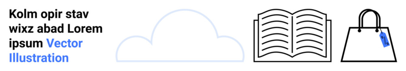 Abstract cloud, open book, and tagged shopping bag highlighting technology, knowledge, and commerce. Ideal for education, e-commerce, cloud services, knowledge sharing retail digital learning