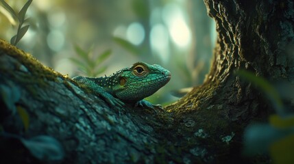 Obraz premium Green lizard perched on a mossy tree branch in a lush forest, sunlight filtering through leaves.