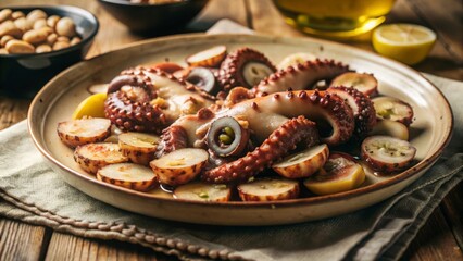 Savoring pulpo a la gallega a culinary delight from galicia spain featuring octopus with paprika olive oil on sliced potatoes