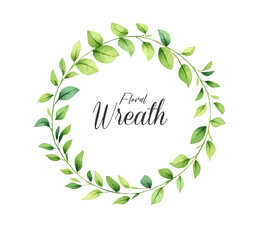 Watercolor green leaves wreath leaf boarder simple leafy hand painted isolated on white background frame wedding baby shower invitation cards save the date .	