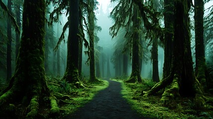 Obraz premium Misty Morning Trail Through a Mossy Temperate Rainforest AI Generated