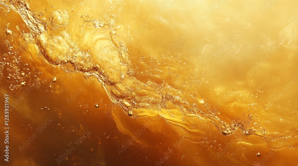 Poster Liquid textures flow with clear oil, reflecting golden light in captivating patterns. Bubbles dance within this ethereal landscape, creating a luxurious visual experience