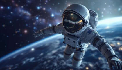 Astronaut is floating in space near a distant planet