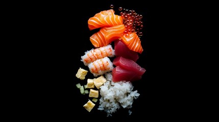 Naklejka premium A black background highlights the colorful ingredients of a traditional Japanese dish: sushi, sashimi, uramaki, and nigiri. The dish consists of rice, salmon, tuna, shrimp, and fish eggs. 