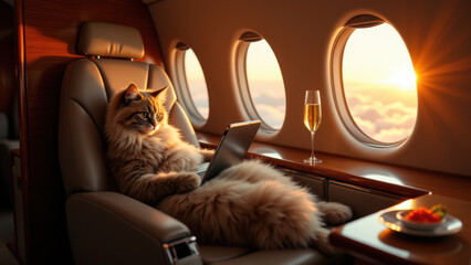 A fluffy cat lounging in a luxurious airplane cabin with its paws propped up on the armrest of a comfortable chair.