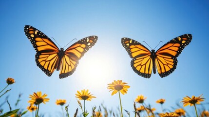 Fototapeta premium two monarch butterflies flying over yellow flowers