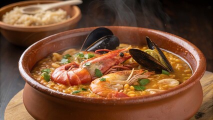Savoring arroz caldoso a steaming clay pot of brothy spanish rice with lobster and seafood in a cozy kitchen