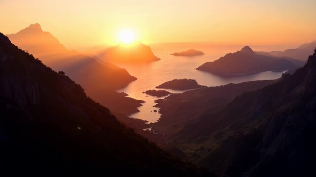Awe-Inspiring Sunset Animation: Golden Hues, Dramatic Sky, Serene Landscape. Perfect for travel, nature documentaries, calming backgrounds, website headers, video intros, and more. Enhance your       
