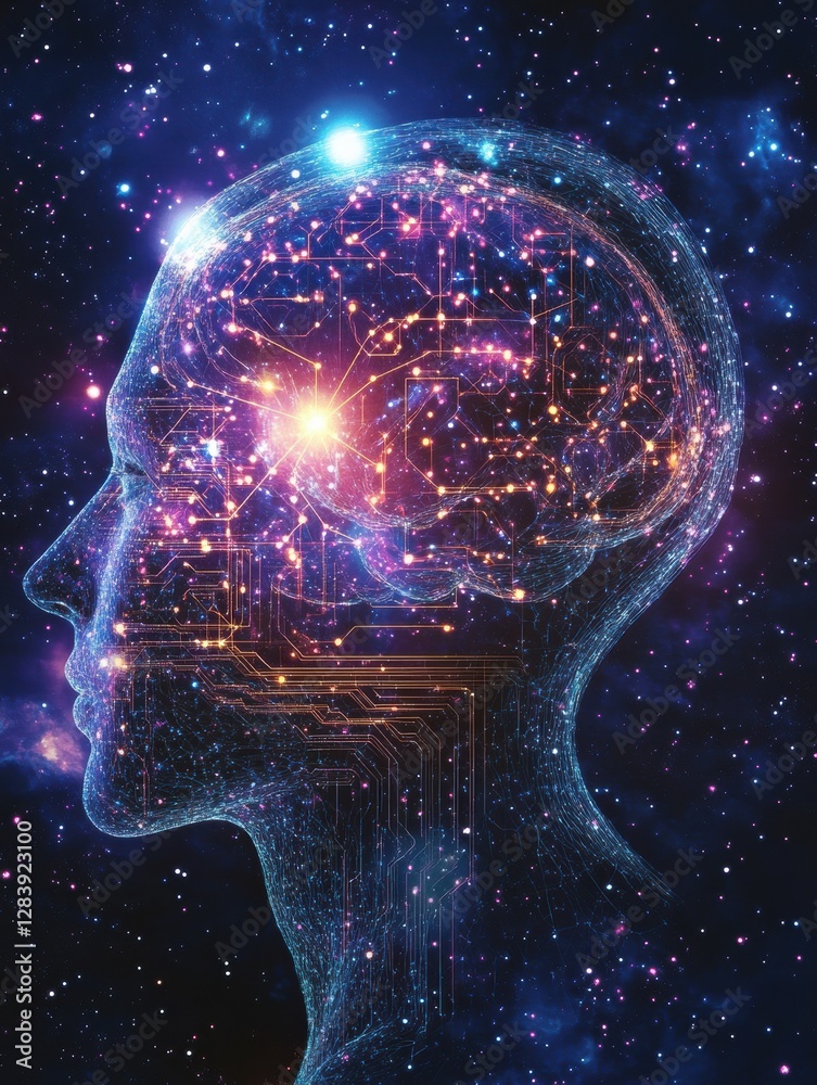 Fototapete Silhouette of a human head illuminated by quantum circuits showcasing advanced computing technology in a cosmic background. Generative AI