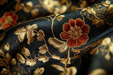 Intricate gold and red floral embroidery on dark fabric, showcasing elegant textile artistry.