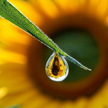 macro fotografia. un agoccia d'acqua pende da un filo d'erba. riflesso nella goccia un girasole