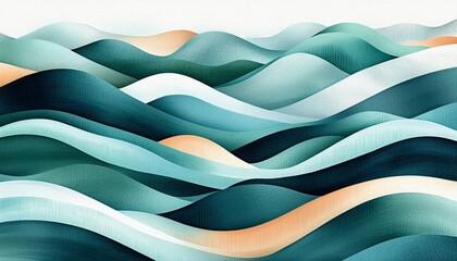 Abstract illustration featuring hills, green fields, and water waves.