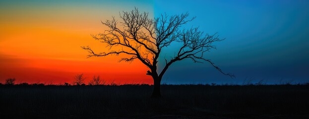 Sunset/Nightfall silhouette tree, field background, nature