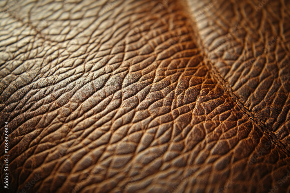 Poster close-up of brown leather texture showing intricate grain and subtle stitching.