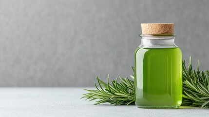 Rosemary essential oil in glass bottle, grey background