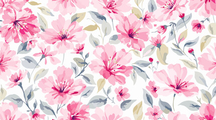 Fototapeta premium Pink watercolor flowers seamless pattern transparent background 