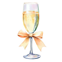 Watercolor illustration of a champagne glass with a festive drink and a decorative bow on a white background. Elegant and artistic, perfect for menus, invitations, packaging, and editorial use