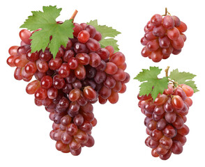 Red grape cluster (Crimson Red Seedless Grapes) with leaves isolated, transparent PNG, PNG format,...