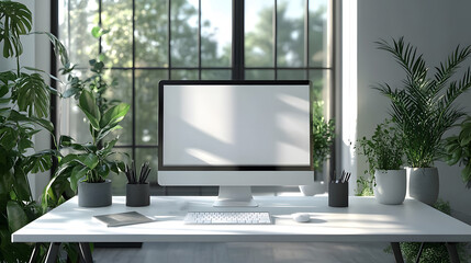 Fototapeta premium Monochrome workspace with a stylish white desk, minimal accessories, clean organization, high-end professional look, high resolution