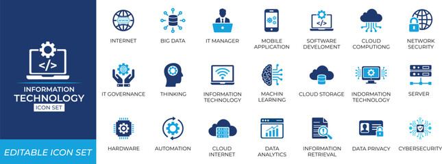 Information technology icon set with computers, database, global, portfolio, server, link, monitor, networking, and software symbols for tech and it projects.