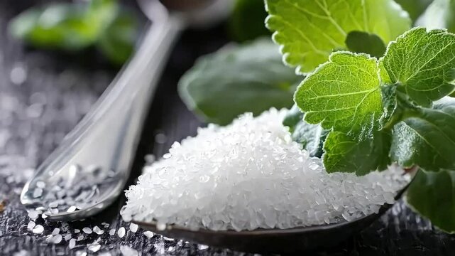 A scattering of stevia on a spoon on a wooden table, alternative healthy food concept
