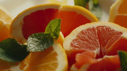 Close-up Citrus Fruit Slices with Fresh Mint