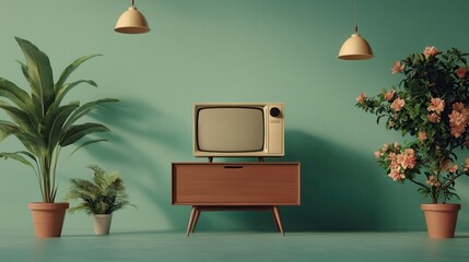 Retro tv charm in a floral living room vintage aesthetic indoor