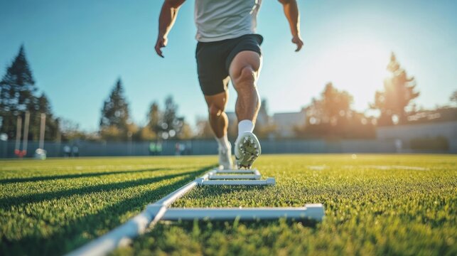 A quarterback training with an agility ladder on a football field. Featuring quickness and coordination