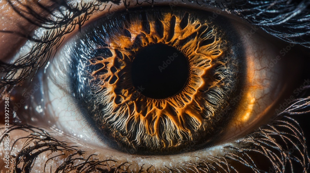 Poster The captivating details of an eye showcase fiery patterns and unique textures, highlighting the intricate beauty found in human expression during a sunlit moment