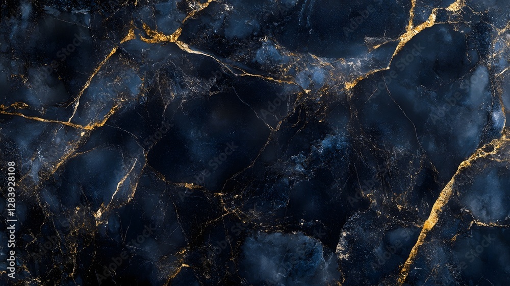 Poster luxurious dark marble surface with dramatic golden cracks and fractures creating an abstract elegant