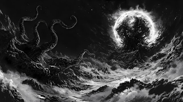 Cosmic abomination - monochrome illustration of colossal eldritch being with writhing tentacles in a void of dark cosmic energy and fractured reality. Eldritch Cosmic Horror Landscape. Illustration
